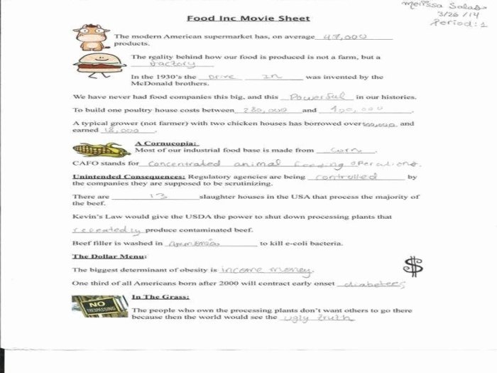 Food inc movie sheet answers