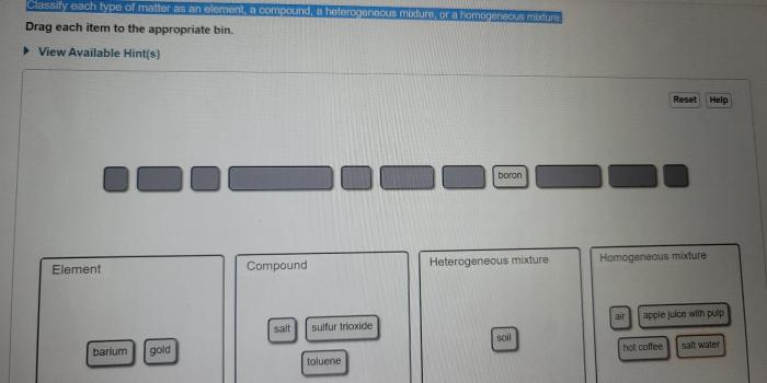 Matter mixture heterogeneous classify classification chemistry classifying